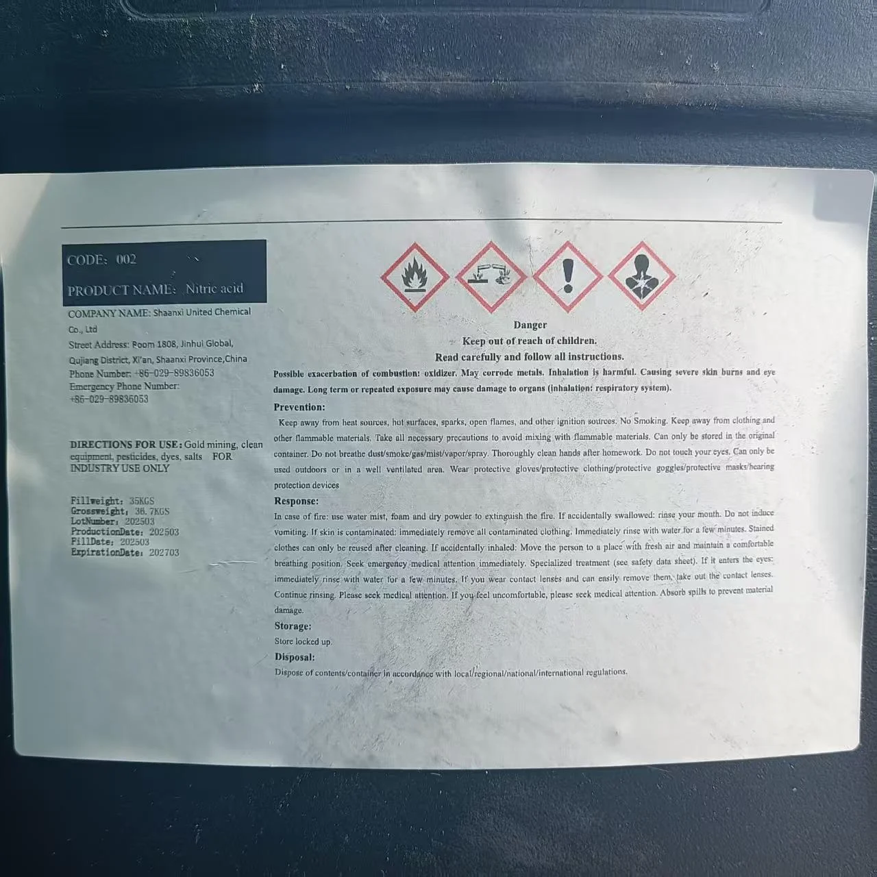 Industrial concentrated nitric acid 55%-68%picture2